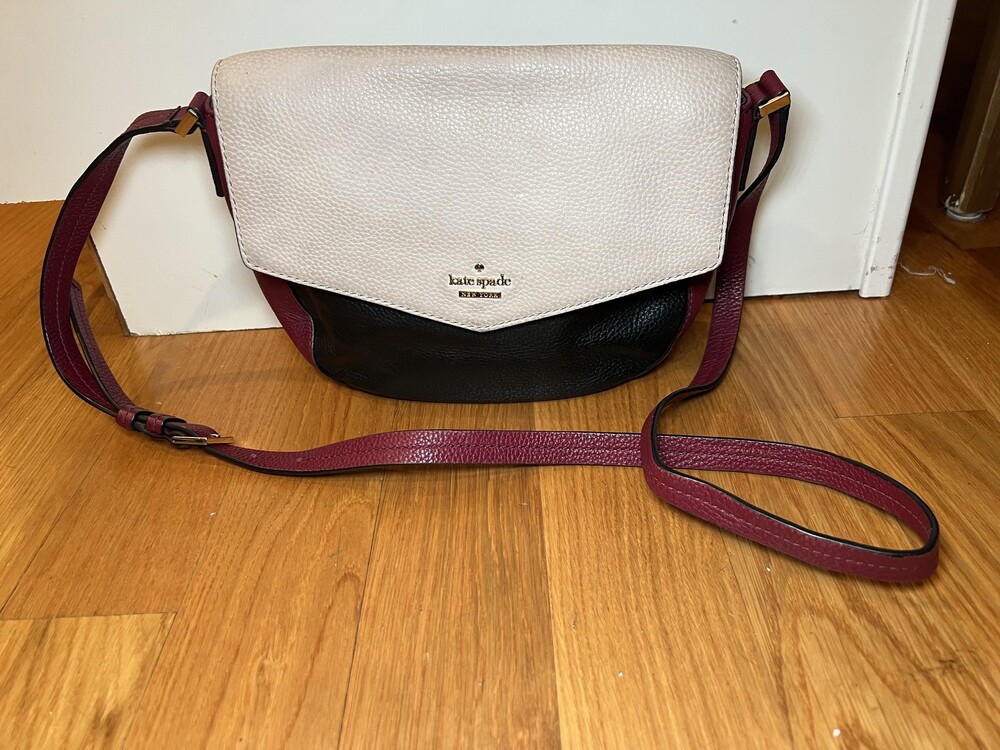 Kate Spade Crossbody Bag Womens Medium Colorblock Black Burgundy White Leather